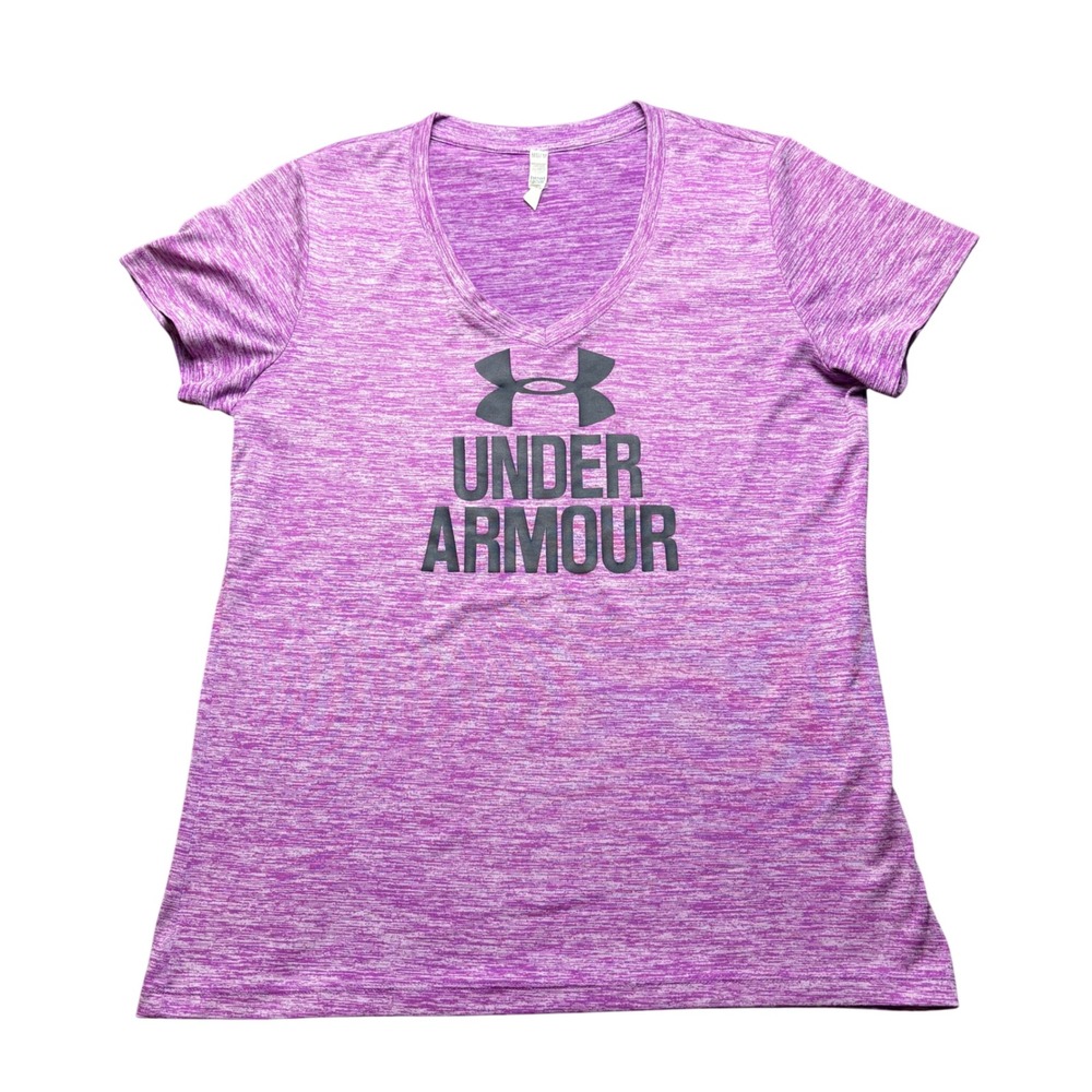 Under Armour Shirt Womens Medium Purple Heathered HeatGear Loose Fit V-Neck Logo